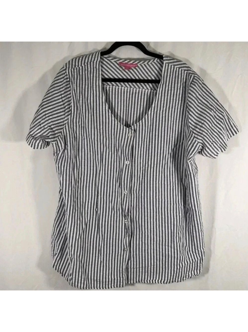Woman Within Blouse Women's 1X White Blue Striped Button Up Short Sleeve Cotton